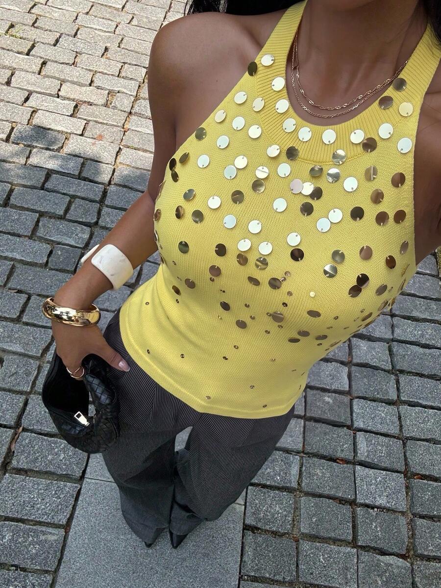 Siren Gaze Spaghetti Strap U-Shaped Backless Sequin Knit Top, Sequin Embroidered Camisole Top Night Party Yellow Autumn Sexy - Light Yellow - View 1