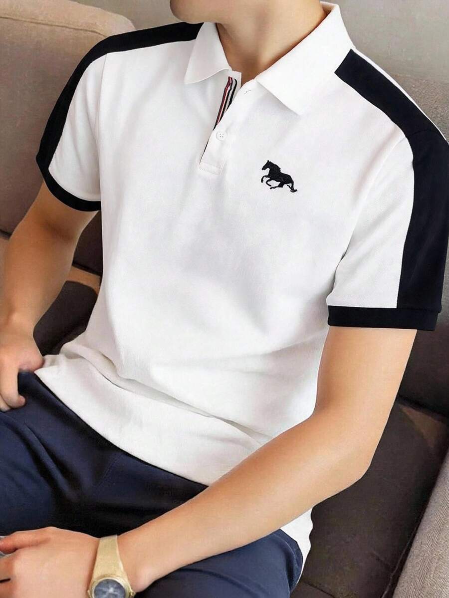 SHEIN 兒童青少年男孩休閒對比色拼接羅紋領短袖 Polo T恤，基礎上衣，白色 Polo，Y2K 風格上衣，適合春/夏，外出、情人節、約會、旅行、度假、家庭聚會、返校、婚禮、正式場合、運動、派對