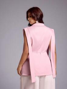 Viva Relle Casual European & French Style Waist-Cinching Tie-Front Sleeveless Blazer, Plus Size Lightweight Suit Jacket - Pink - View 2