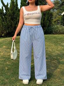 SHEIN EZwear 浅蓝色加大码休闲格子松紧腰宽松裤 - 淺藍色 - 查看 5