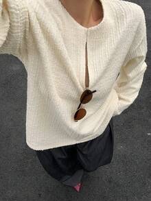 Dazy Plus Knitted Jacquard Fabric Loose Half-Zip Bell Sleeve Long Sleeve Spring Autumn T-Shirt - Apricot - View 5