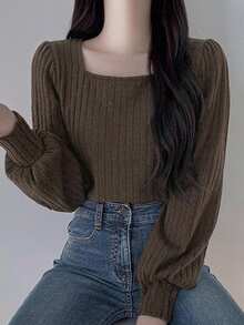 DAZY Women's Solid Color Square Neck Fitted Lantern Sleeve Long Sleeve T-Shirt, Spring/Summer/Autumn Cute Tops - Coffee Brown - View 3