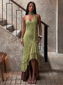 SHEIN BAE Women's Summer Sage Green Floral Elegant Romantic Luxurious Spaghetti Strap Mesh Beaded Embroidered Mermaid Dress For Birthday Party Dinner Wedding - Green - View 4