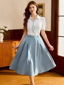 Vintamour Vintage Preppy Klassisch Elegant Damen 2-teiliges Set Frühling Sommer Bluse Rock Gürtel Blau und Weiß gestreift Aqua Schulanfang Büro Outfits für Frauen - Blau - Übersicht 8