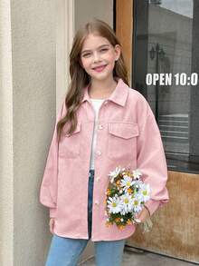 SHEIN Tween女孩素色米色燈芯絨翻蓋口袋落肩長袖外套，適合秋冬穿著 - 粉色 - 查看 8