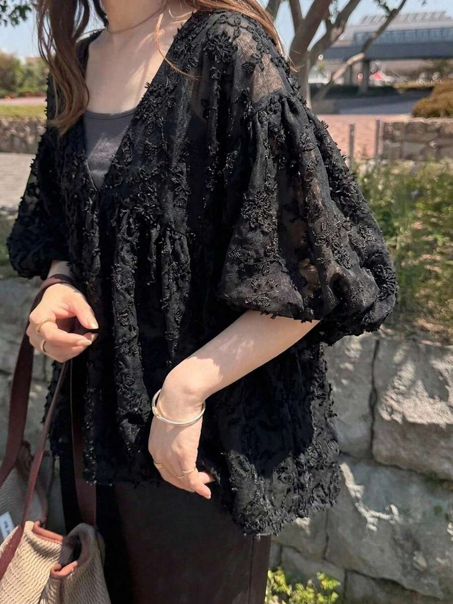 FRIFUL 女款V領百褶時尚百搭日常穿搭夏季襯衫 - 黑色 - 查看 1