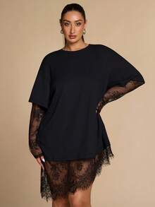 SHEIN BAE CURVE 大尺碼女款抓皺短袖蕾絲拼接上衣，大尺碼 T-shirt - 黑色 - 查看 4