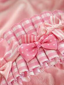 Zazumi 1PC/2PCS Kawaii Soft Girl Hair Band Pink Plaid Pleated Pastel Bows Ruffled Frill Hair Decor Accessory With Lace Strap For Casual Outings Gatherings - Multicolor - View 6