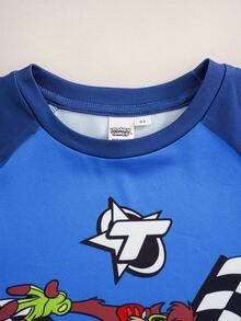 LOONEY TUNES X SHEIN Young Boy Casual Cartoon Car Print Round Neck Short Sleeve Daily T-Shirt - Blue - View 3