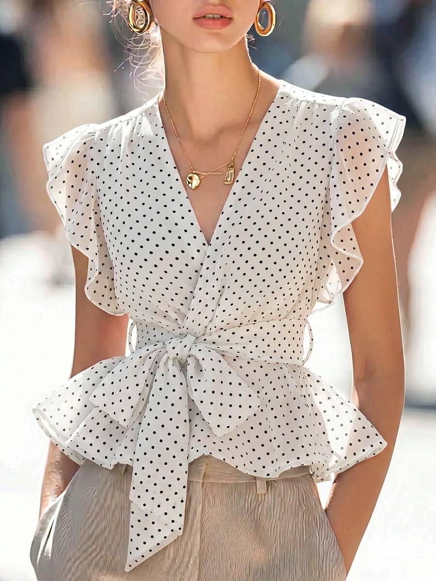 SHEIN 女款圓點V領優雅度假風襯衫 - 白色 - 查看 1