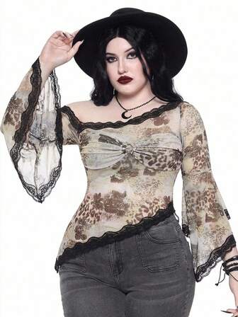 Top de mujer talla grande con estampado animal, tie dye degradado, estilo hippie, festival de música, vintage, encaje y hombros descubiertos