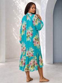 ELLERISSA Vestido midi de talla grande con cuello alto, mangas raglán, cintura caída y estampado floral turquesa - Multicolor - Ver 2
