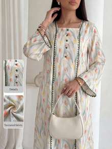 Yasmyna Women's Floral Pattern Flower Bud Trim Loose Fit Traditional Modest Elegant Arabic Long Tunic Formal White Winter Family Christening Guest - Multicolor - View 1