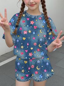 Tween女孩休閒極簡可愛甜美波點亮面紋理花卉愛心印花，鈷藍色，短袖短褲兩件套，適合夏季舒適春夏風格，圖案，卡哇伊 - 彩色 - 查看 2