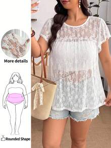 Enliva Plus Size Women White Lace Sheer Top Short Sleeve Loose Babydoll Blouse Boho Elegant Summer Casual Beach Evening Birthday Cocktail Shirt - White - View 3