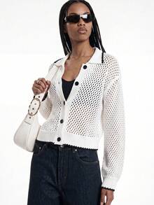 Lumivelle Women's Casual Color Block Shell & Ivory Perforated Long Sleeve Cardigan Sweater - Multicolor - View 4