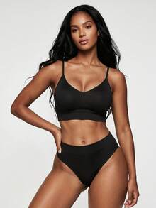 SHEIN Conjunto de lencería de sostén y panty sólido sin costuras - Negro - Ver 3