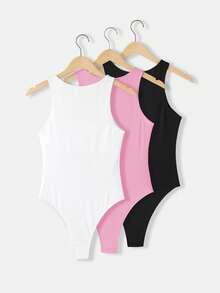 SHEIN BASICS 3件組女款無袖圓領純色修身針織連身衣 夏季居家休閒基本款 白色、淺粉色、黑色 - 粉色 - 查看 2