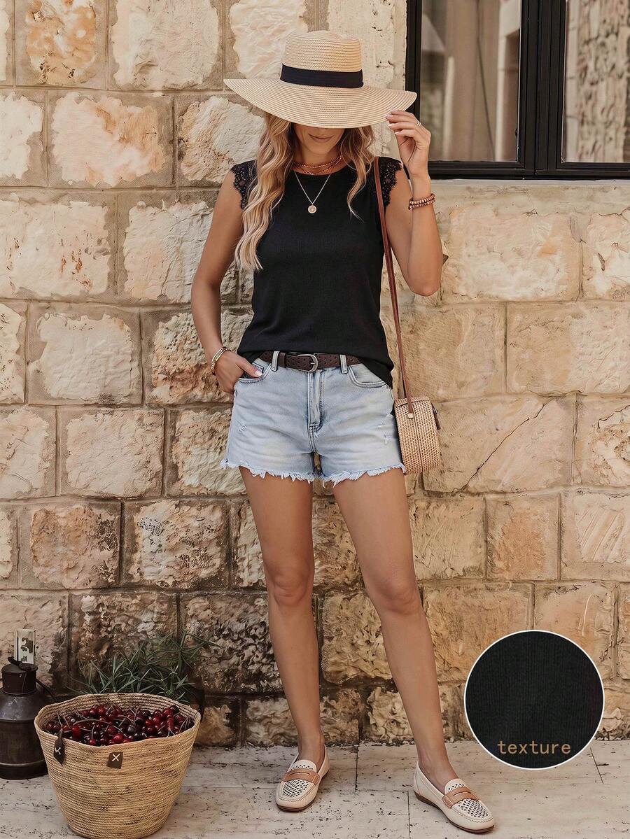 EMERY ROSE Contrast Lace Tank Top - Black - View 1