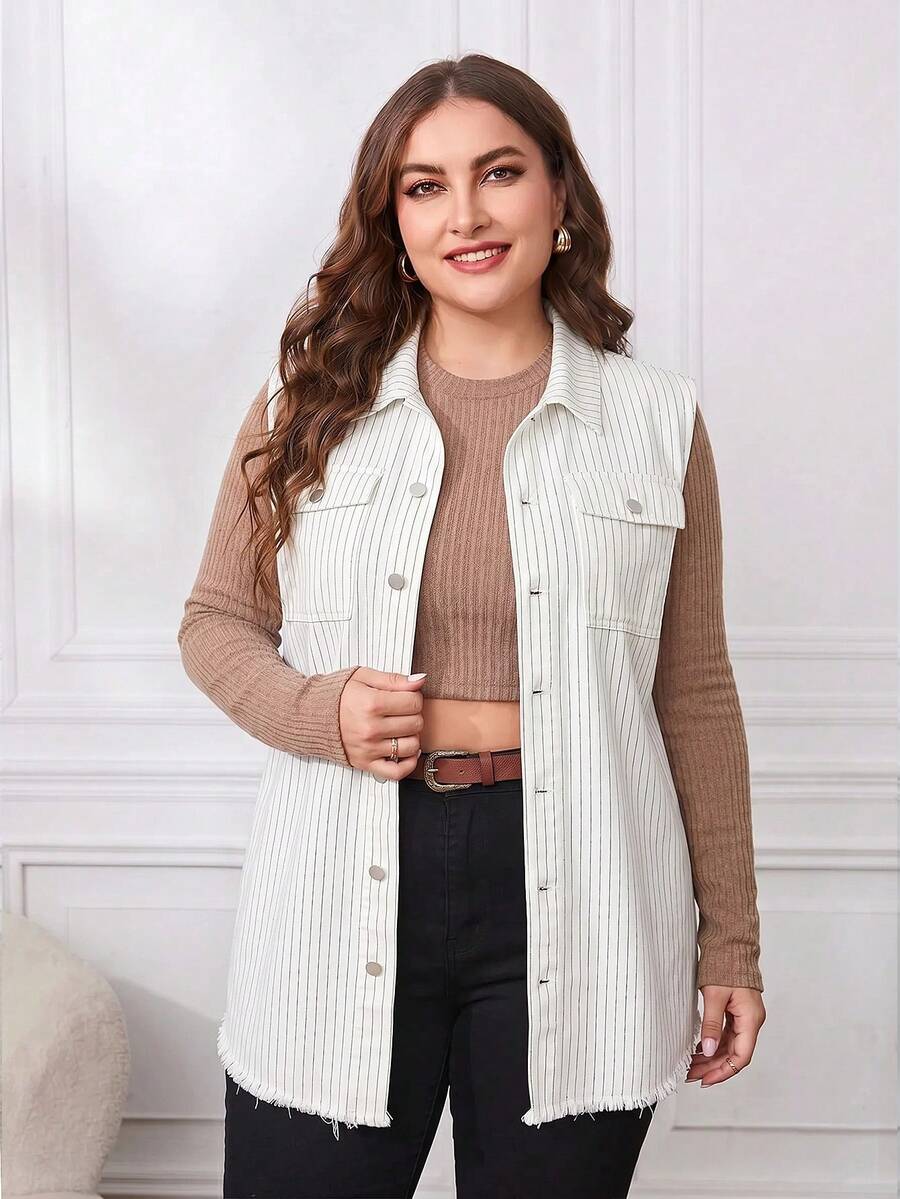 EMERY ROSE Plus Size Striped Colorblock Frayed Edge Single-Breasted Double Pocket Denim Vest Jacket - Black and White - View 1