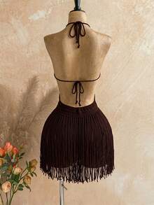 Soleia Women's Solid Color Tassel Crochet Sexy Boho Date Beach Knit Halter Dress Dark Brown Autumn - Coffee Brown - View 2