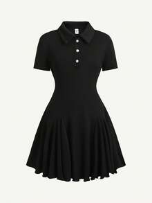 SHEIN 兒童青少年女孩夏季休閒可愛街頭優雅復古學院風羅紋針織黑色 Polo 領短袖套頭喇叭裙洋裝 - 黑色 - 查看 5