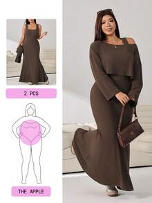 Solflare Plus Size Women's Solid Color One-Shoulder Long Sleeve Top And Bodycon Skirt Casual Set - Multicolor - View 1
