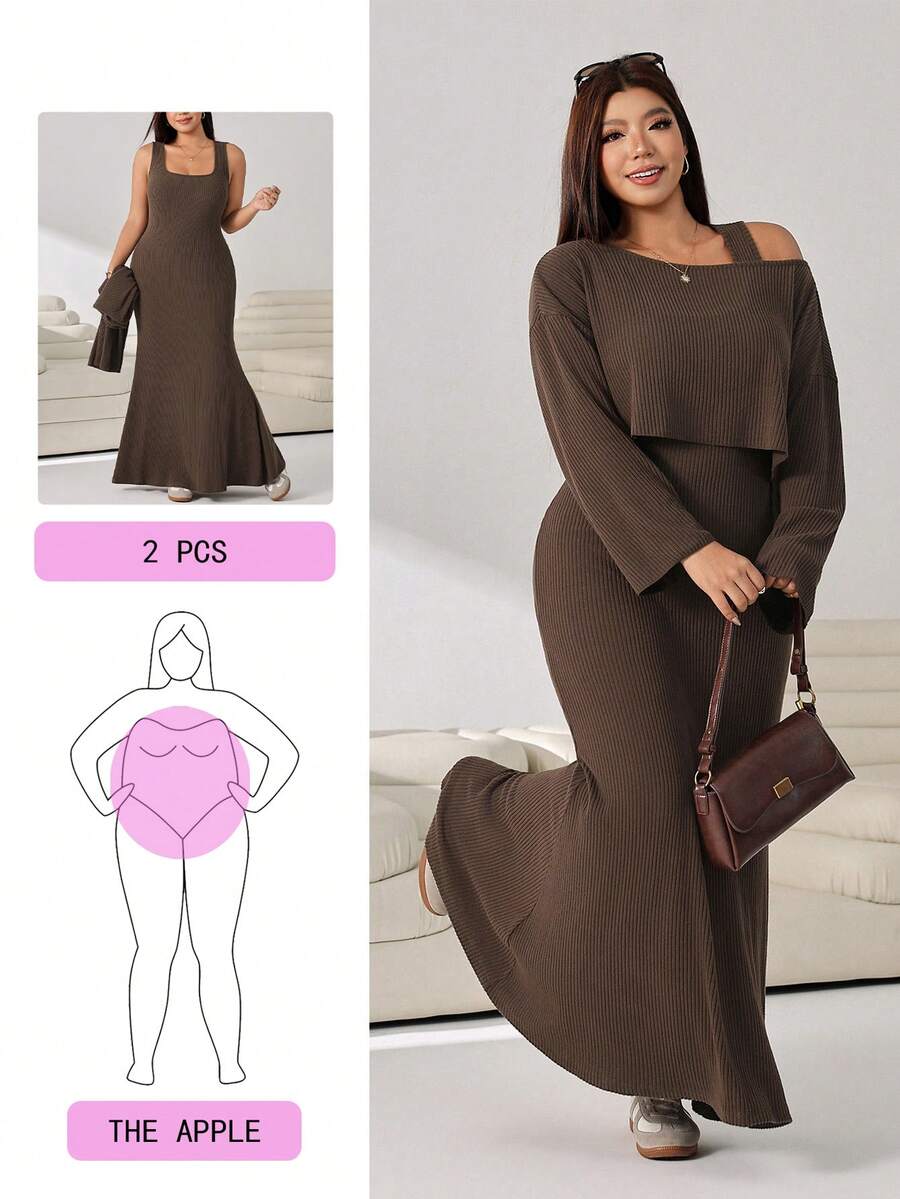 Solflare Plus Size Women's Solid Color One-Shoulder Long Sleeve Top And Bodycon Skirt Casual Set - Multicolor - View 1