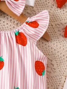 SHEIN Vintaside Kids Bodysuit Bayi Perempuan Baru Lahir 2 Potong Motif Stroberi Lengan Bergelombang Gaya Musim Panas - Berwarna merah muda - View 7