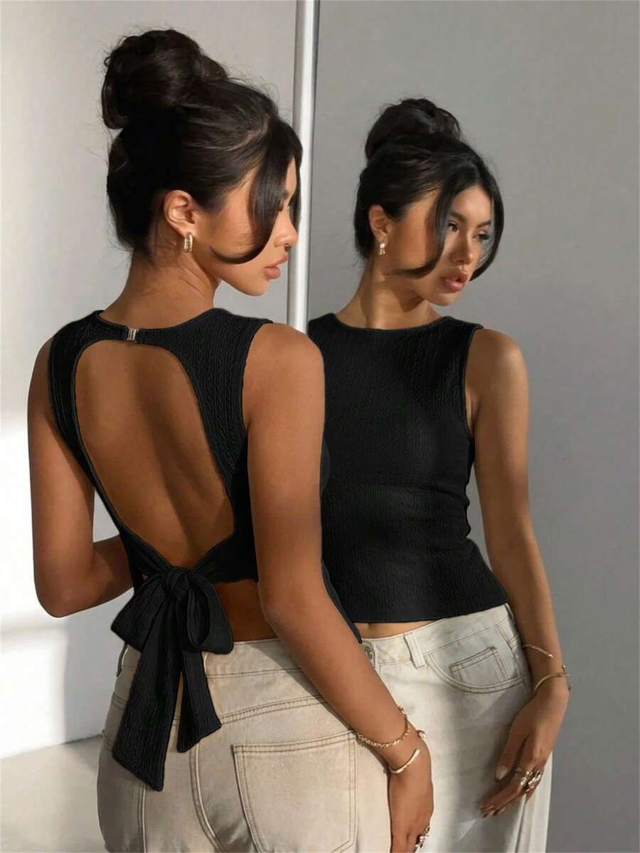 Aloruh Women's Elegant Round Neck Casual Backless Knit Textured Cropped Solid Color Top - Black - View 1