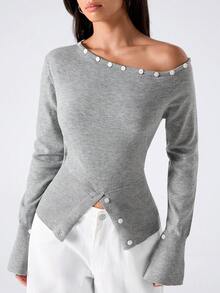LYSMO Autumn Casual Button Decor Asymmetric Collar Sweater - Grey - View 5