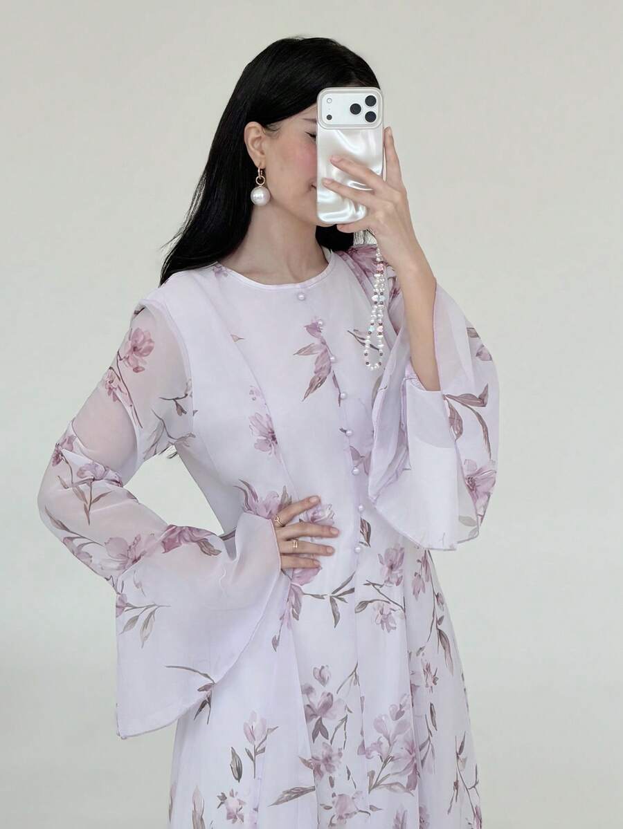 Yasmeen Edit Yasmeen Edit Gaun Wanita Elegan Motif Bunga dengan Kancing Jamur, Lengan Panjang Mengembang, Cocok untuk Liburan - Purple - View 1