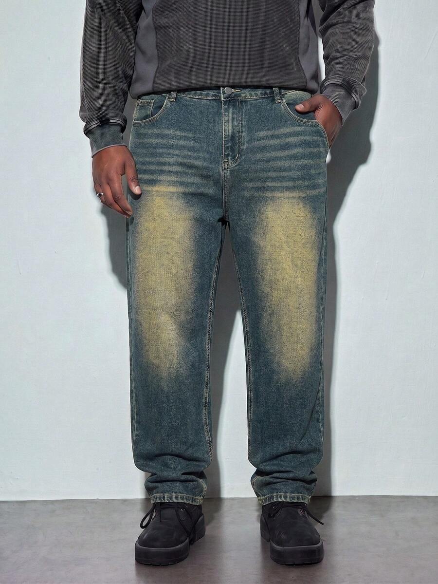 Modcrash Jeans de mezclilla desgastados y lavados para hombres de talla grande, estilo casual de calle universitaria - Azul - Ver 1