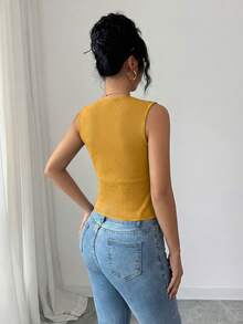 Elenzga 女款春夏時尚優雅黑色方領背心，飾有金屬裝飾鈕扣，收腰修身剪裁，適合日常穿著、購物、通勤上班、約會 - 黃色 - 查看 2