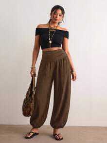 Freevana Plus Size Women Solid Color High Waist Pleated Casual Lantern Pants - 咖啡棕 - 查看 5