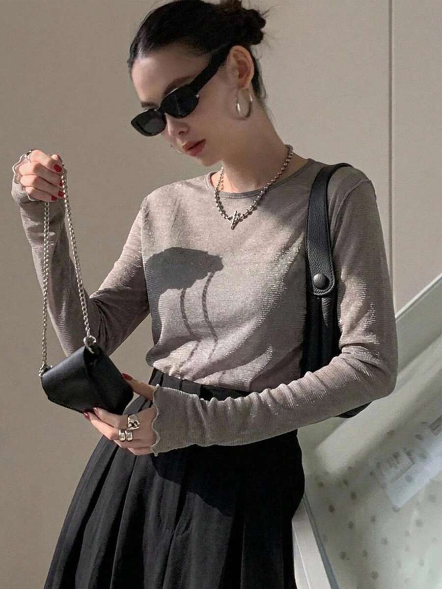 FRIFUL Women's Mesh Sheer Top, Summer Apparel - Grey - View 1