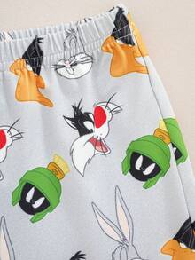 LOONEY TUNES X SHEIN 男嬰卡通印花圓領短袖T恤與短褲套裝 - 白色 - 查看 5