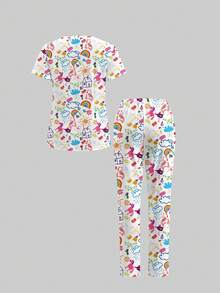 TaskEZ Conjunto de top de manga corta y pantalones de uniforme médico, con estampado de graffiti lindo, adecuado para hospital de mascotas - Multicolor - Ver 2