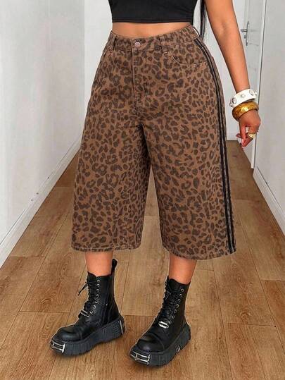 Jeanoix Jeans de ganga Y2K tamanho grande, jeans de ganga com estampado de leopardo retro americano, jeans de ganga para festival de música, época escolar, viagens diárias