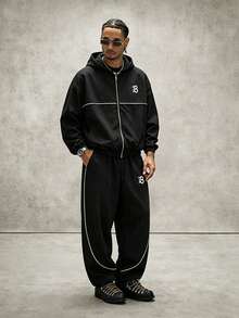 PAVTROS Men's Letter Print Hooded Zip-Up Jacket And Contrast Trim Pants Set,2 Piece White And Black,Autumn,Streetwear,Holiday Tracksuit Set Jogging Suits - Black - View 7
