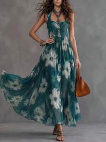 Solivie Women's Floral Print Pleated Casual Party Dress Summer Dress Beach Outfit For Women Vacation Outfits Women Elegant Dress - Green - View 8