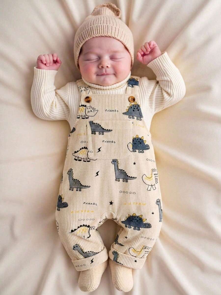 SHEIN Vintaside Kids 1件嬰兒男童棕熊刺繡直筒吊帶褲 米色秋季幼兒中性服飾 - 杏色 - 查看 1