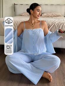 Dazy Plus Setelan Piyama Biru Musim Semi/Musim Panas, Model Kasual Bergaris untuk Pakaian Rumah, Atasan Camisole Lengan Panjang, Cardigan, dan Celana. - Baby Blue - View 1