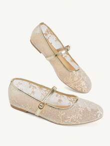 CUCCOO CHICEST 女款蕾絲網眼瑪麗珍鞋 夏季透氣扣帶平底鞋 日常通勤約會溫柔風鞋款 - 金色 - 查看 6