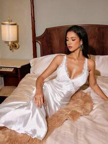 Slumberist White Sheer Tulle Long Bridal Robe With Backless Satin Camisole Dress And Lace Trim Nightgown - White - View 1