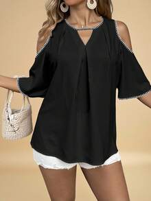 Freevana Blusa de talla grande con bordado de concha, color contrastante, plisada y hombros descubiertos, adecuada para festival de música Y2K - Multicolor - Ver 5