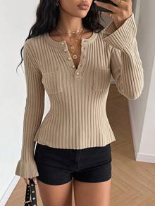 SHEIN WOMEN'S WEAR Rib-Knit Long Sleeve Top Features A Round Neckline Front Button Placket Ruffle Cuffs Everyday Beige Autumn Casual Sexy Going Out - Beige - View 3