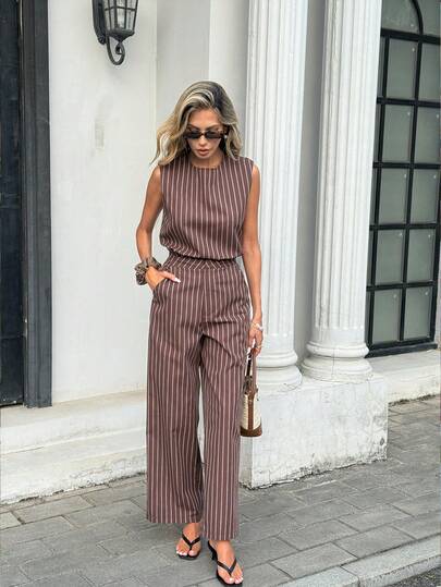 SHEIN Frenchy Women's Casual Brown Striped Tank Top Pants 2 Pieces Set Office Summer
