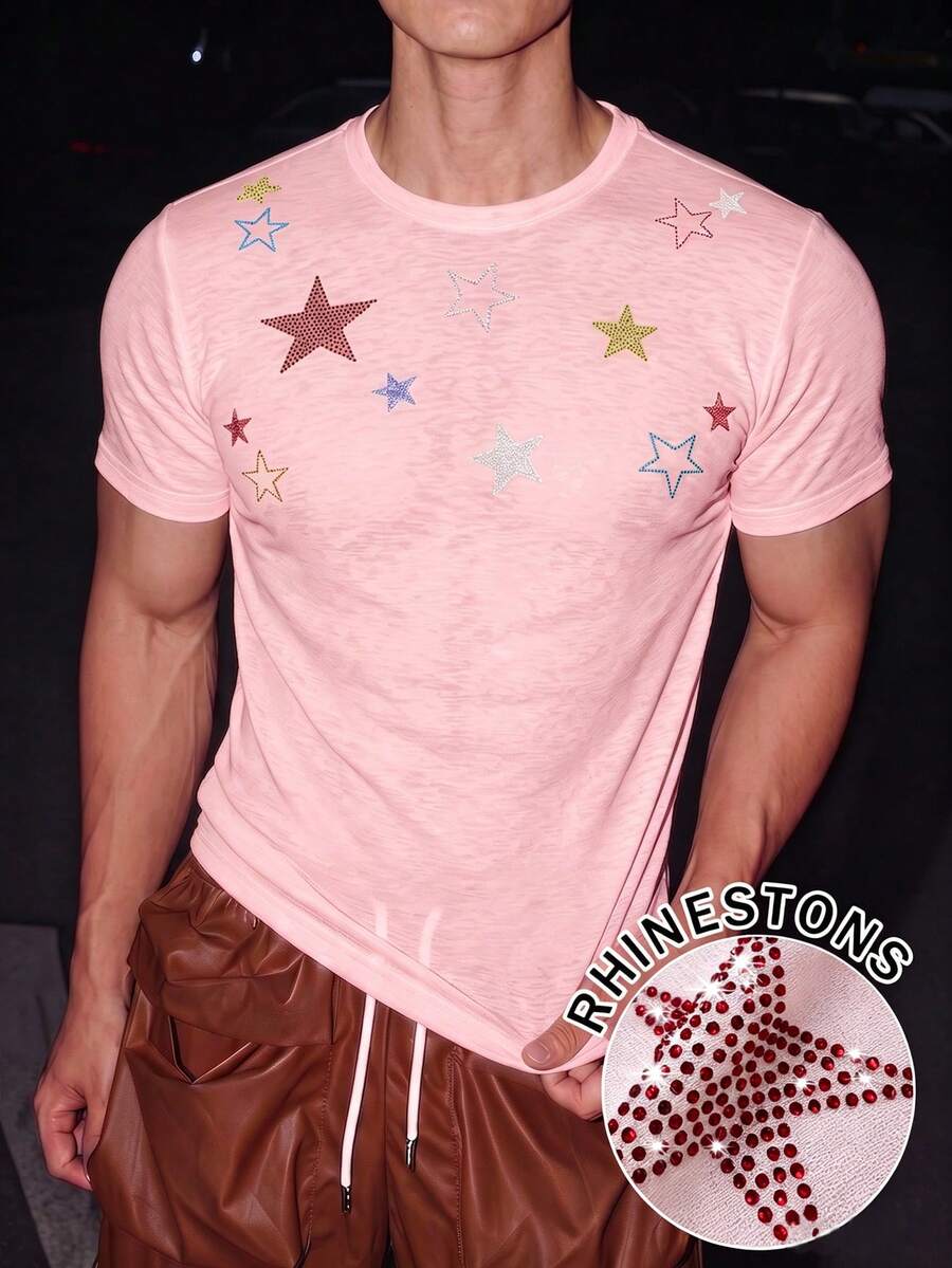 Manfinity Dauomo Fashion Street Casual Cool Comfortable Rhinestone Round Neck Short Sleeve Top - Pink - View 1