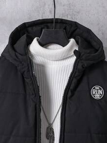 SHEIN 男童戶外運動保暖簡約拉鍊純色防污綠色棉質加厚外套 - 黑色 - 查看 6